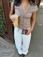 Cotton V-neck Check Button Short Sleeve Gingham Blouse