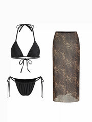 Halter Neckline Knotted Triangle Bikini Set With Leopard Cover Up Skirt