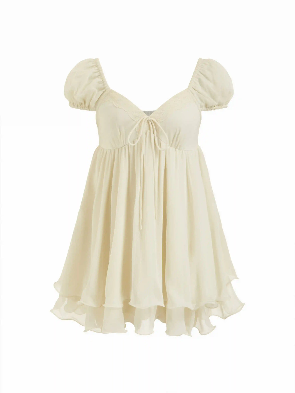 Chiffon Sweetheart Puff Sleeve Ruffled Knotted Babydoll Mini Dress