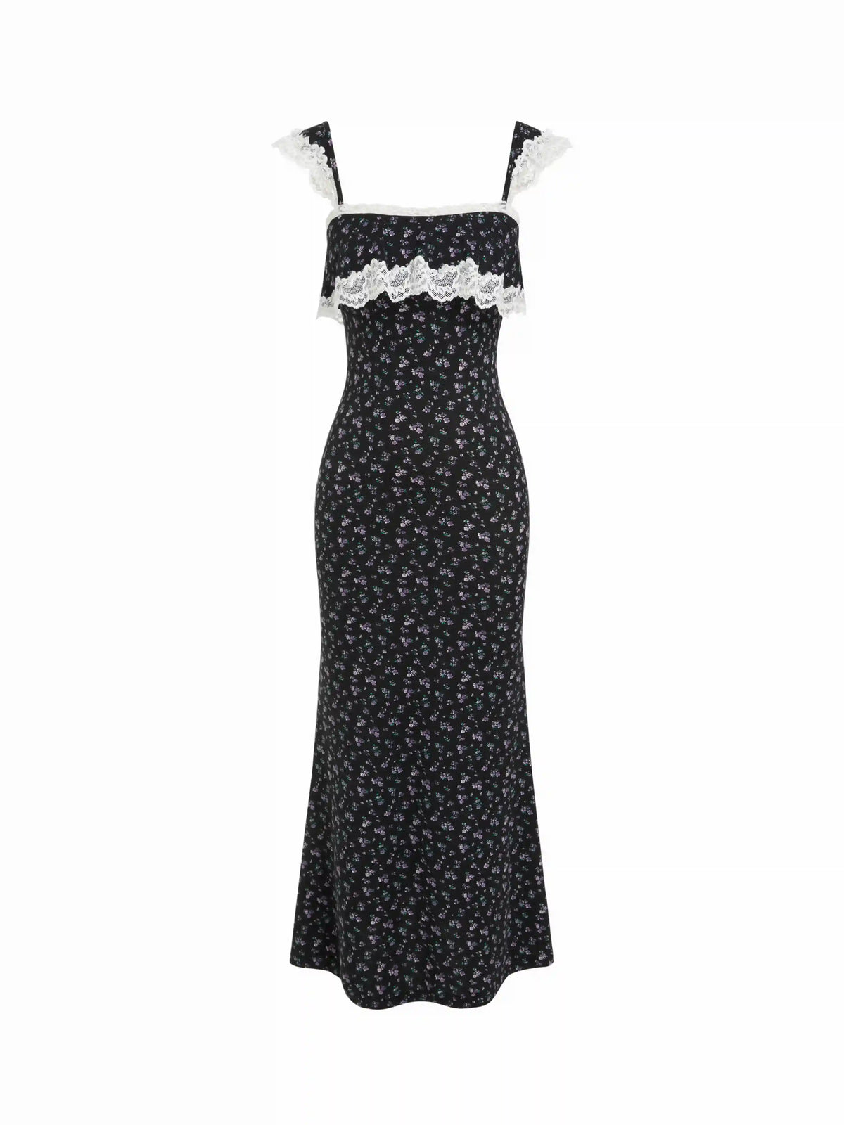 Ditsy Floral Lace Panel Ruffled Sleeve Mermaid Maxi Dress
