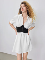Collar V-neck Two Tone Ruffle Solid Mini Dress