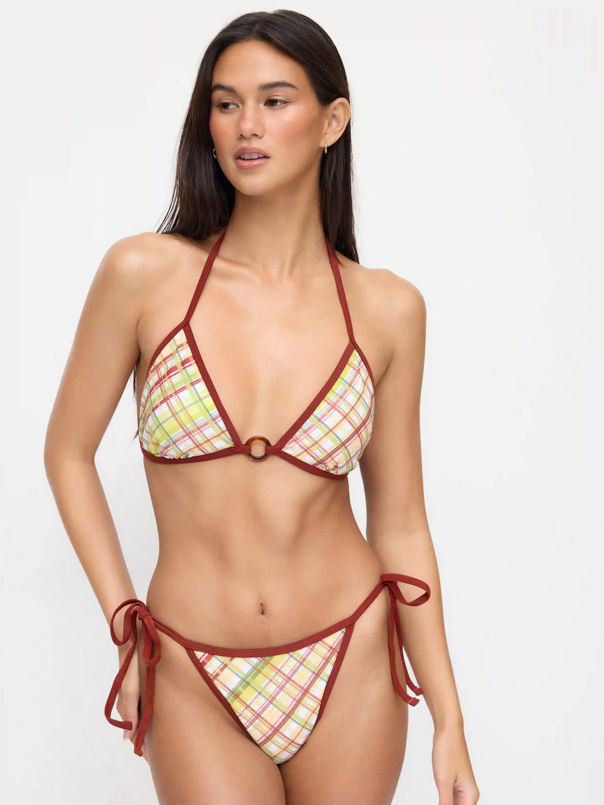 High Stretch Halter Neck O-Ring Checks Triangle Bikini Set