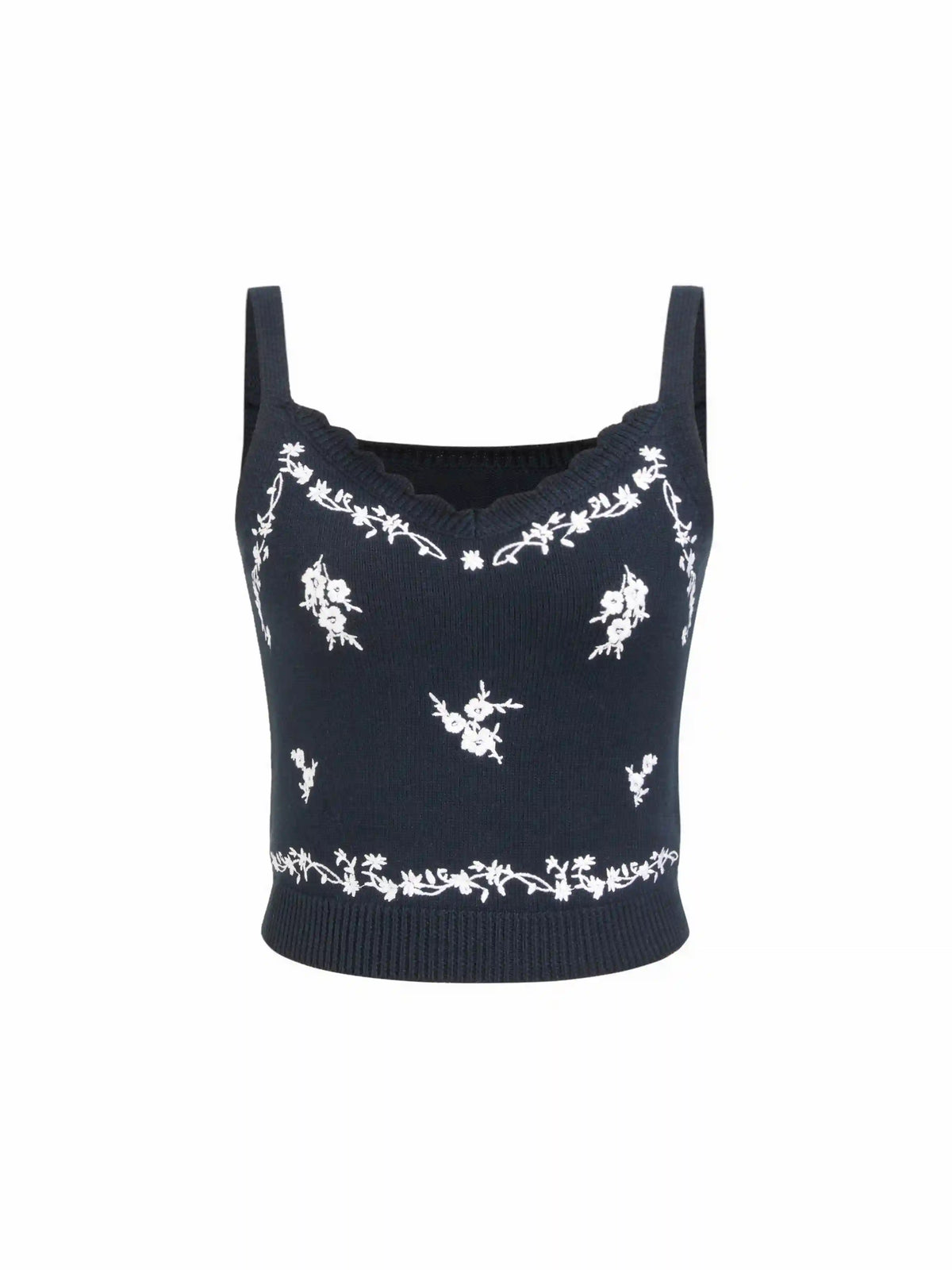 Knit Square Neck Floral Embroidery Top