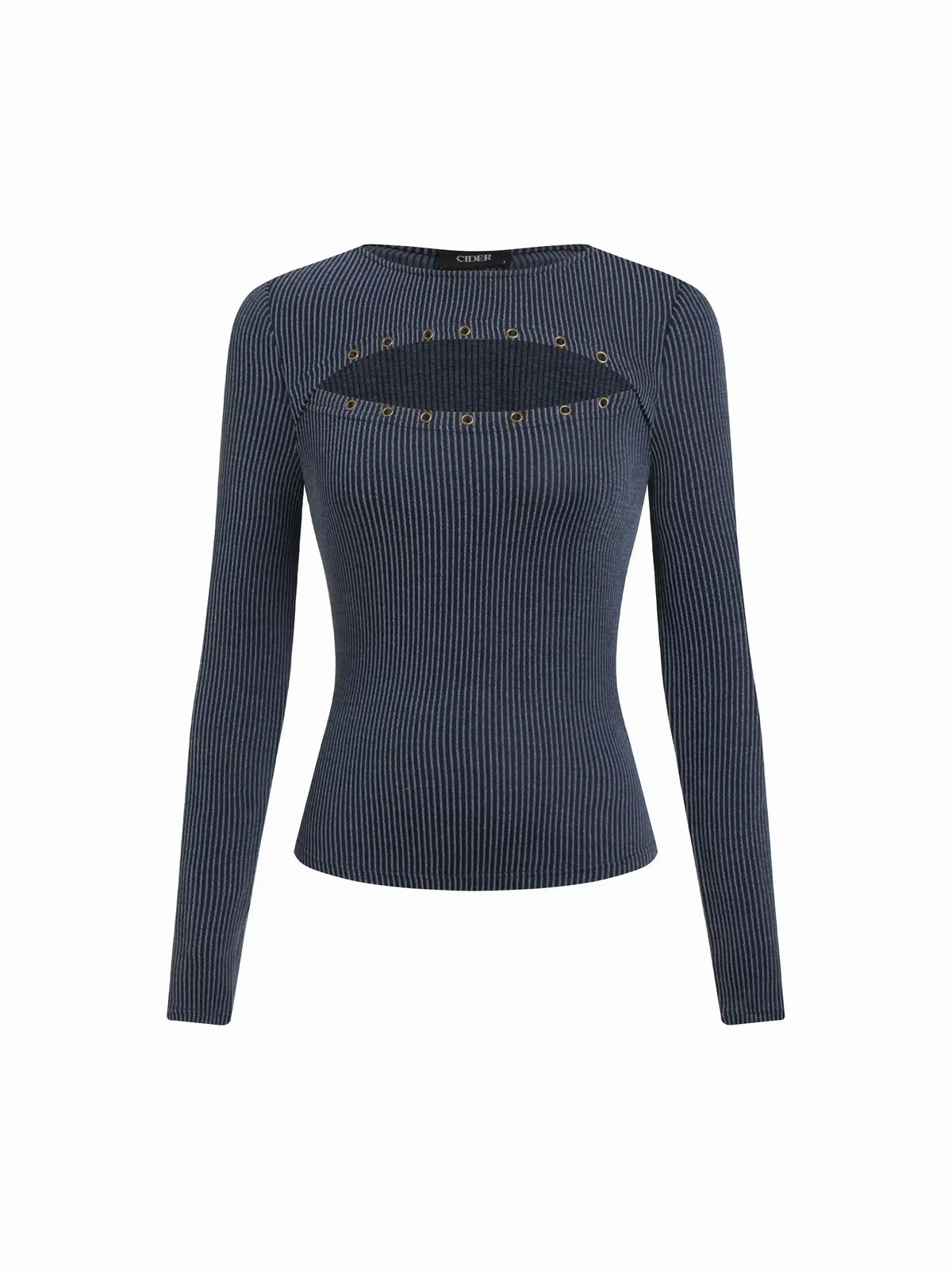 Textured Round Neck Long Sleeve Striped Cut Out Top