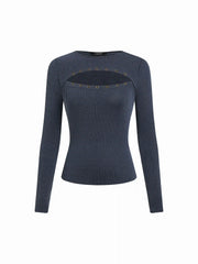 Textured Round Neck Long Sleeve Striped Cut Out Top