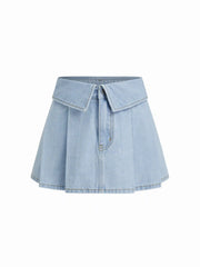 Denim Low Rise Pleated Fold Over Micro Mini Skirt