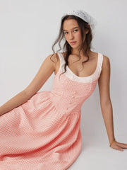 Gingham Square Neckline Lace Up Maxi Dress