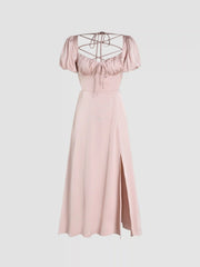 Satin Knotted Puff Sleeve Split Midi Dress