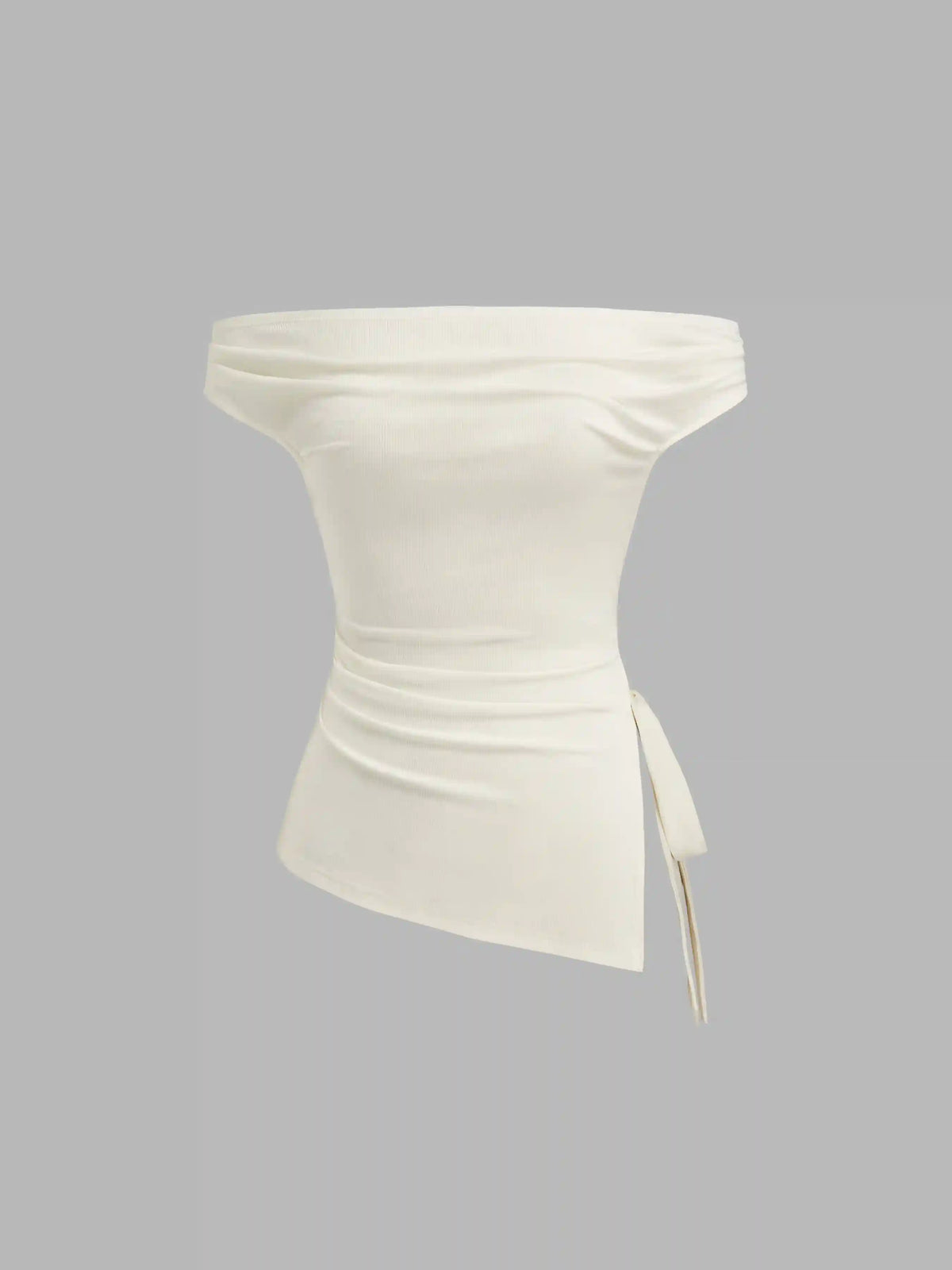Off-shoulder Ruched Knotted Asymmetrical Hem Top