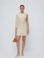 Textured Boat Neck Ruched Asymmetrical Draped A-line Mini Dress
