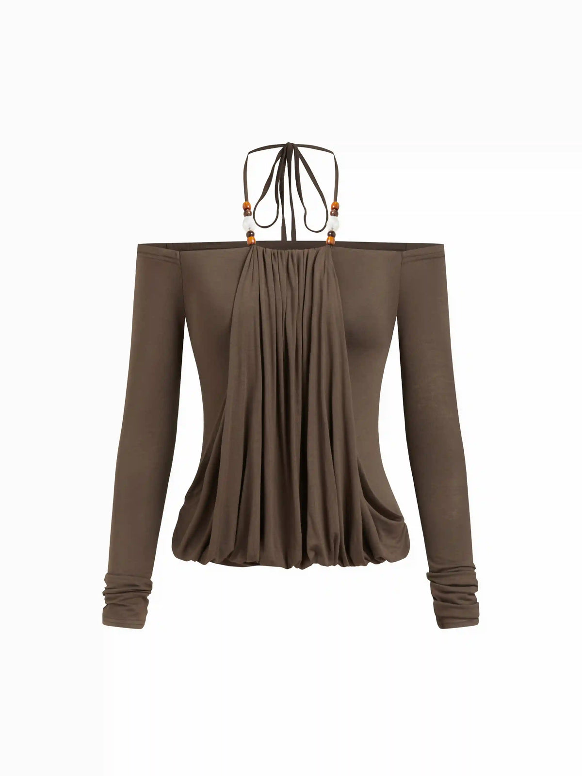 Halter Neckline Beaded Draped Long Sleeve Top