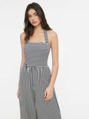 Cotton Halter Neckline Striped Knotted Jumpsuit
