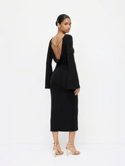 Boat Neck Bell Sleeve Backless Ruched Midi Dress With Chain Detail