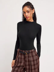High Neck Solid Lettuce Trim Bodysuit