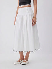 Linen-blend Low Rise Button Detail Scalloped Hem Flared Maxi Skirt