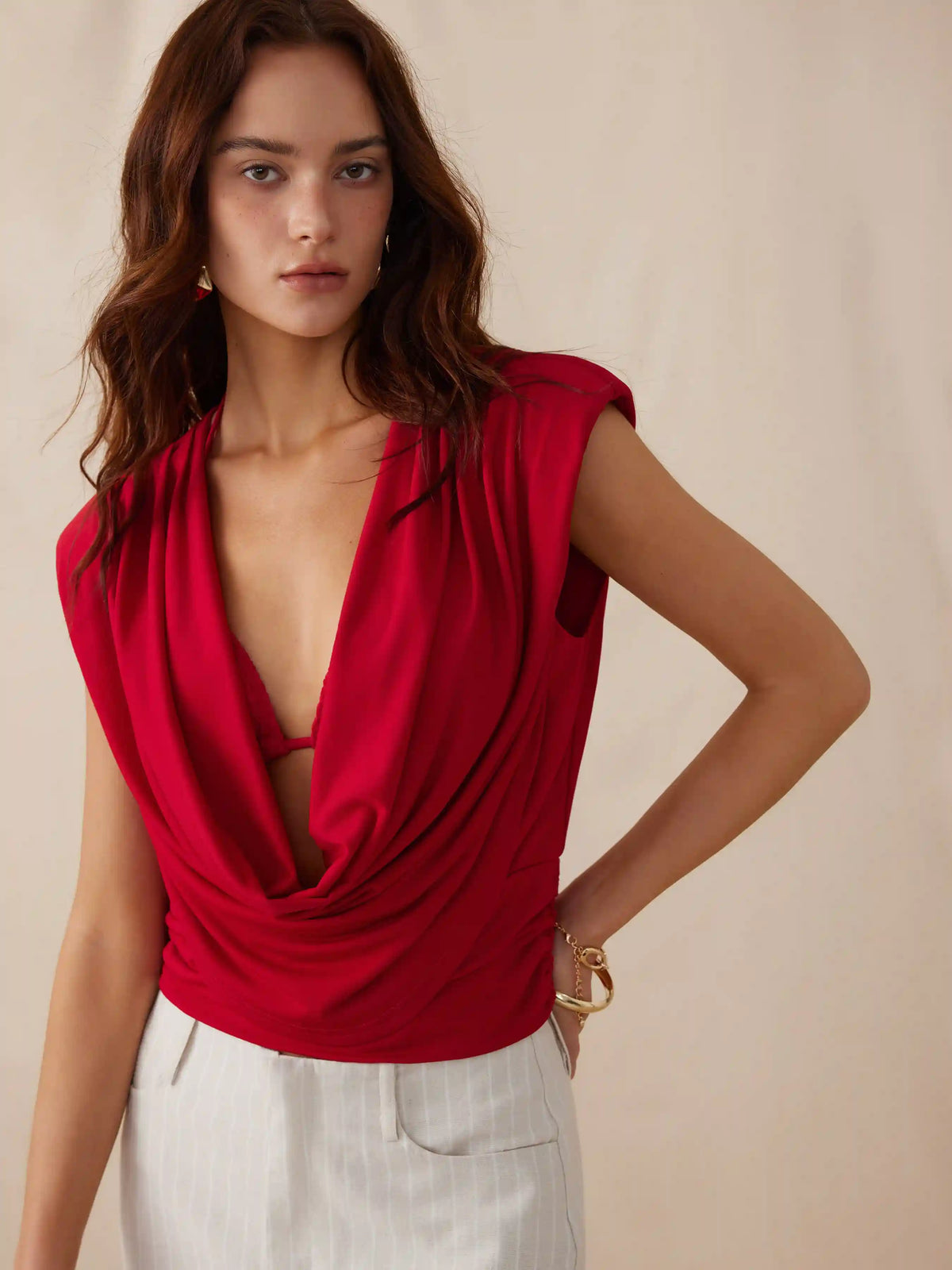 High Stretch Cowl Neck Draped Ruched Crop Top