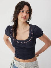 Cotton-blend Floral Short Sleeve Top