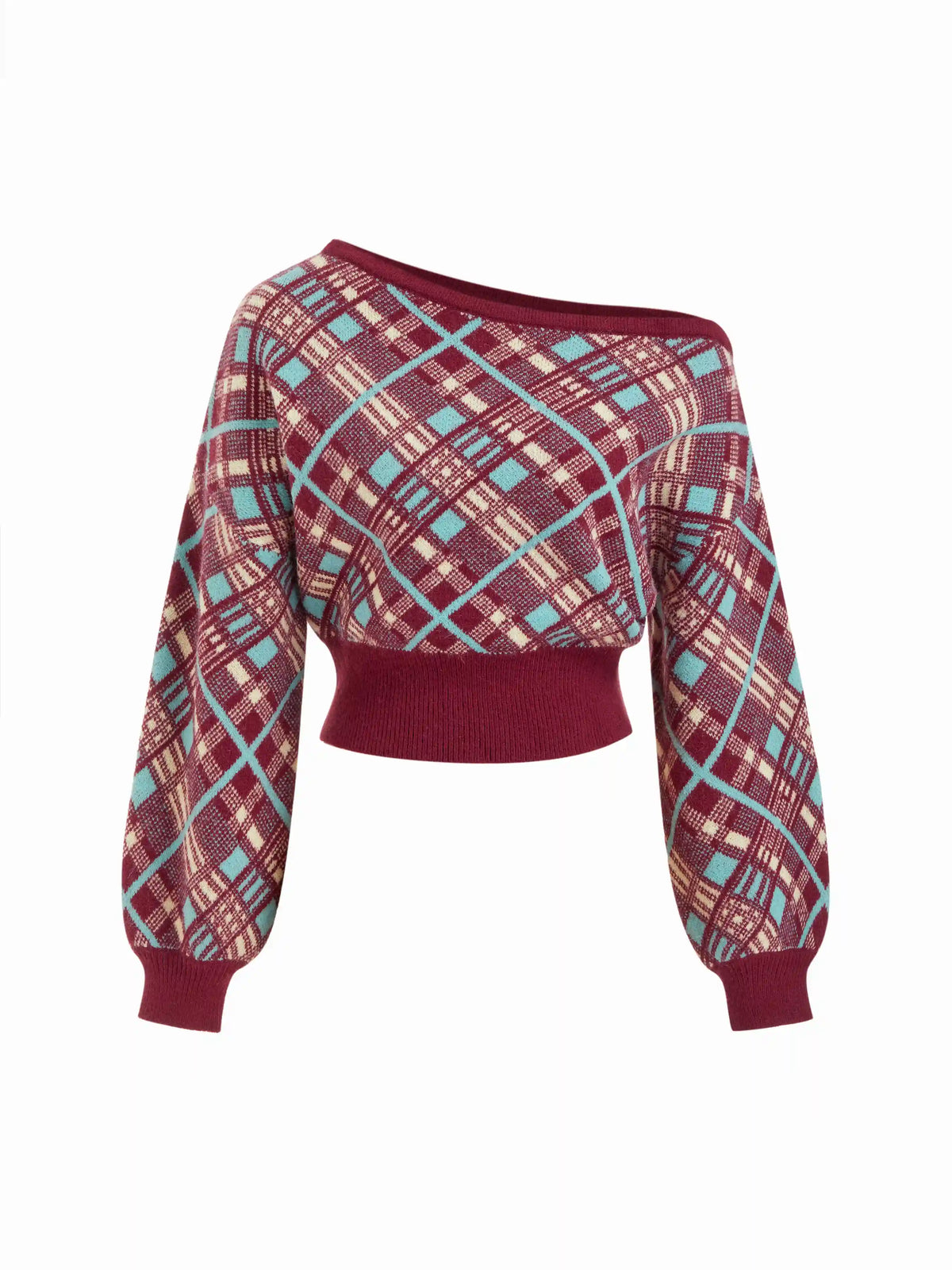 Knit Plaid Asymmetrical Neck Long Sleeve Sweater