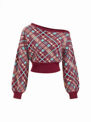 Knit Plaid Asymmetrical Neck Long Sleeve Sweater