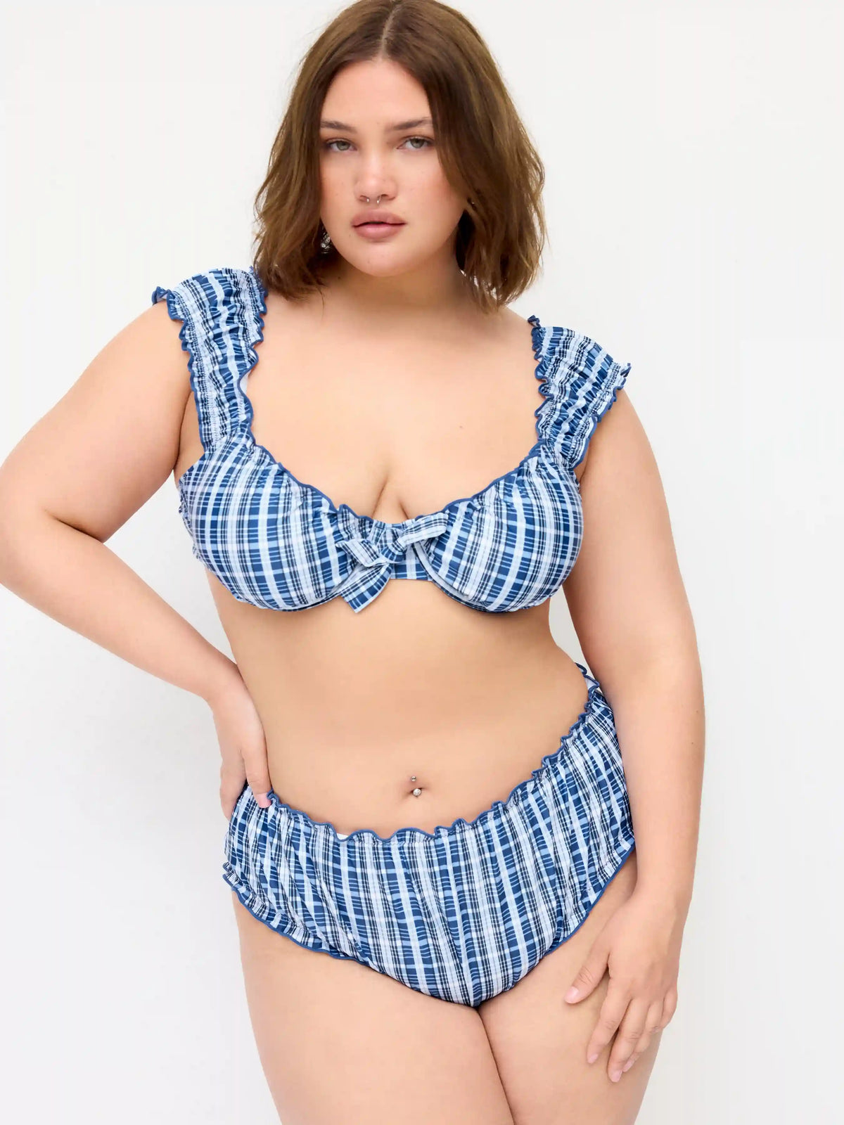 Plaid Sweetheart Lettuce Trim Underwire Bikini Set Curve & Plus