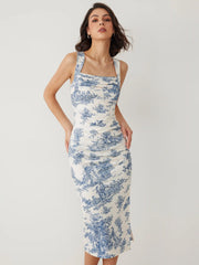 Toile de Jouy Ruched Split Maxi Dress