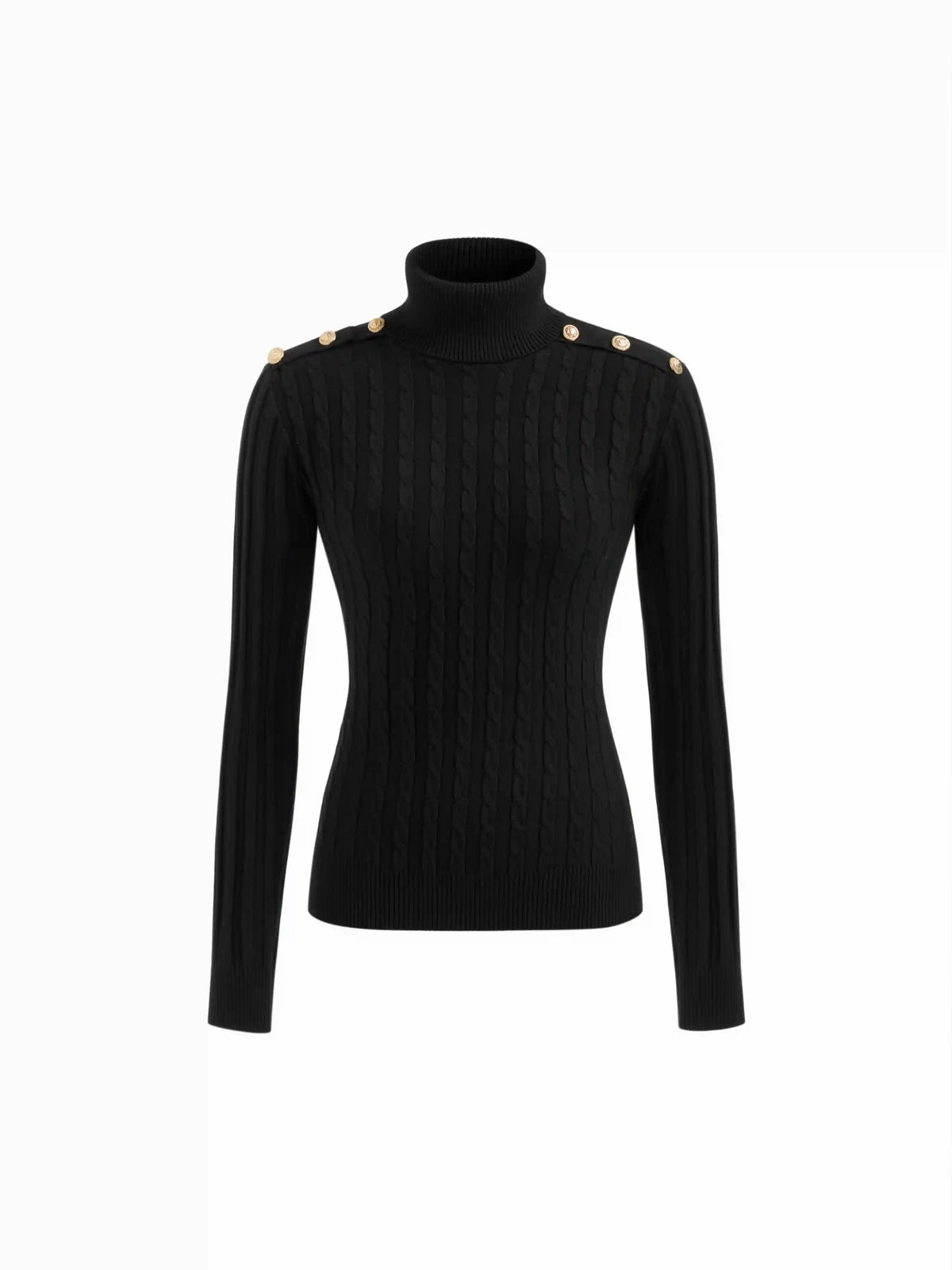 Cable Knit High Neck Metal Detail Button Long Sleeve Top