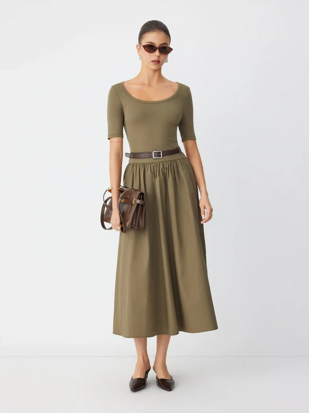 Cotton-blend Scoop Neckline Short Sleeve Pocket A-line Maxi Dress With Belt