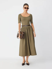 Cotton-blend Scoop Neckline Short Sleeve Pocket A-line Maxi Dress With Belt
