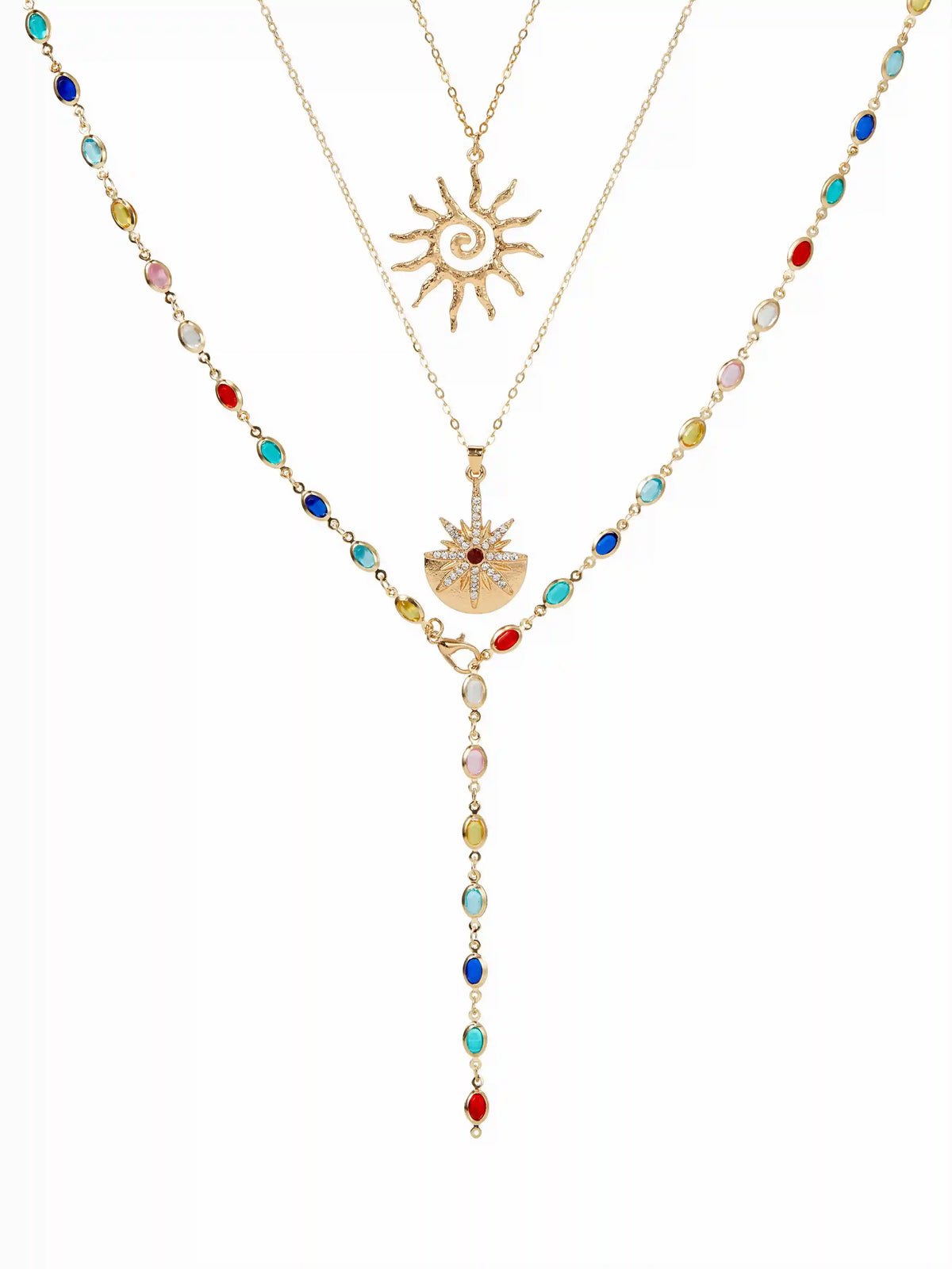SUN & RHINESTONE  DECOR BEADED LAYERED NECKLACE