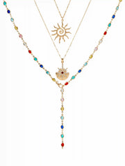 SUN & RHINESTONE  DECOR BEADED LAYERED NECKLACE