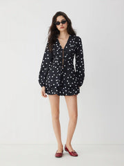 Polka Dot Tie Front Bow Lantern Sleeve Top & Mid Rise Barrel-leg Shorts Set