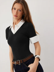 Cotton Collar V-Neck Short Sleeve Two Tone Bodysuit