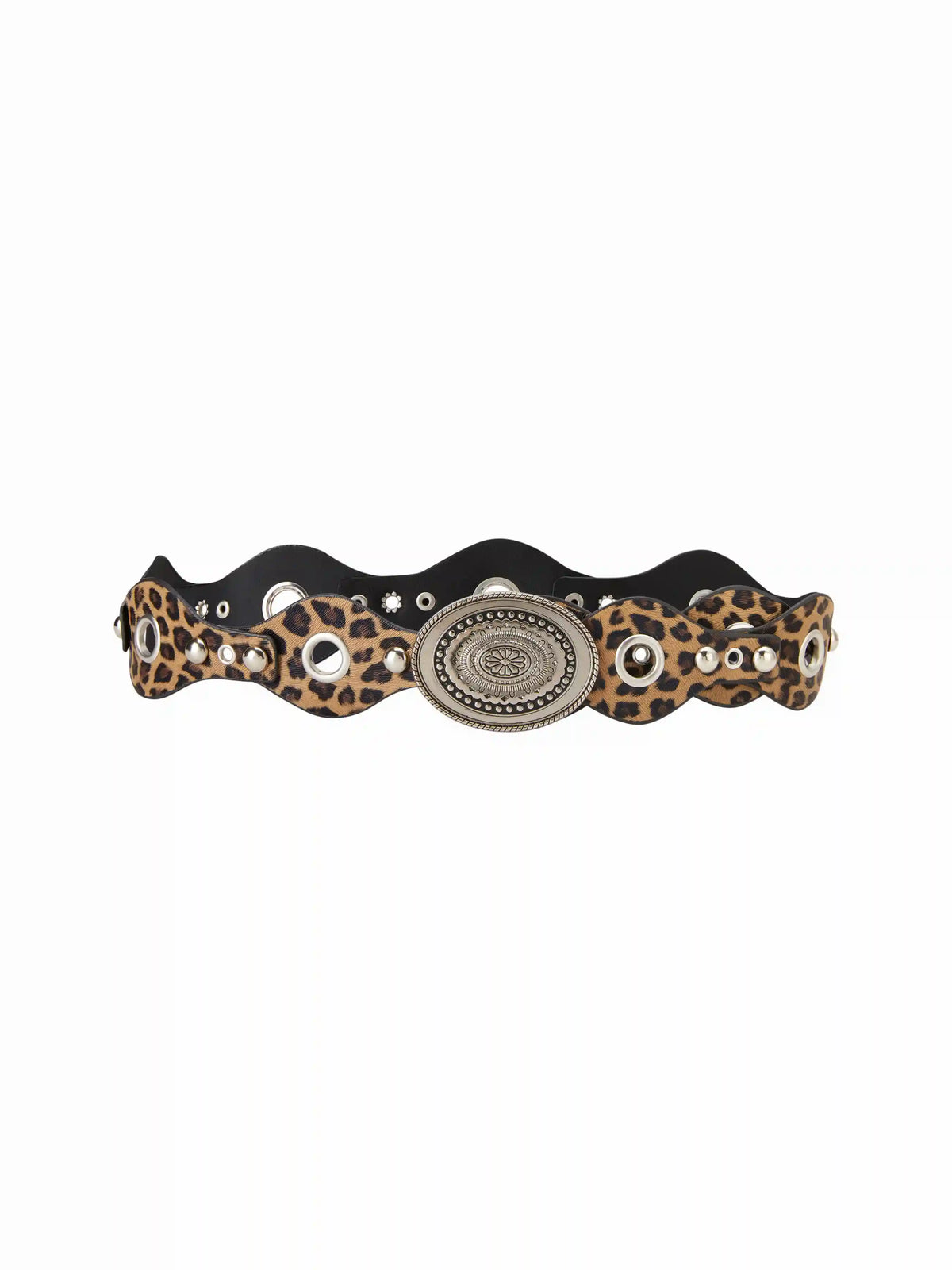STUDDED & EYELET EMBELLISHED & ENGRAVED OVAL BUCKLE BELT