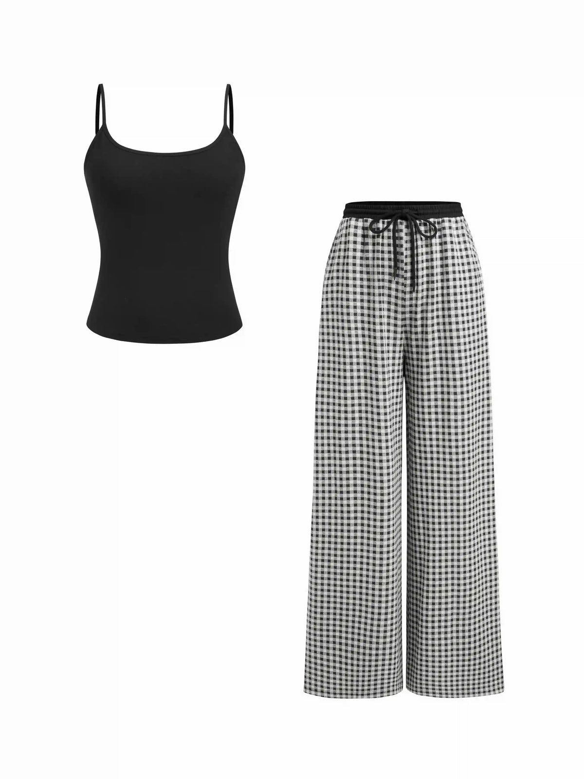 Square Neck Sleeveless Top & Mid Rise Gingham Wide Leg Trousers Set