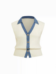 Knit V-Neck Metal Button Denim Contrasting Binding Vest Curve & Plus