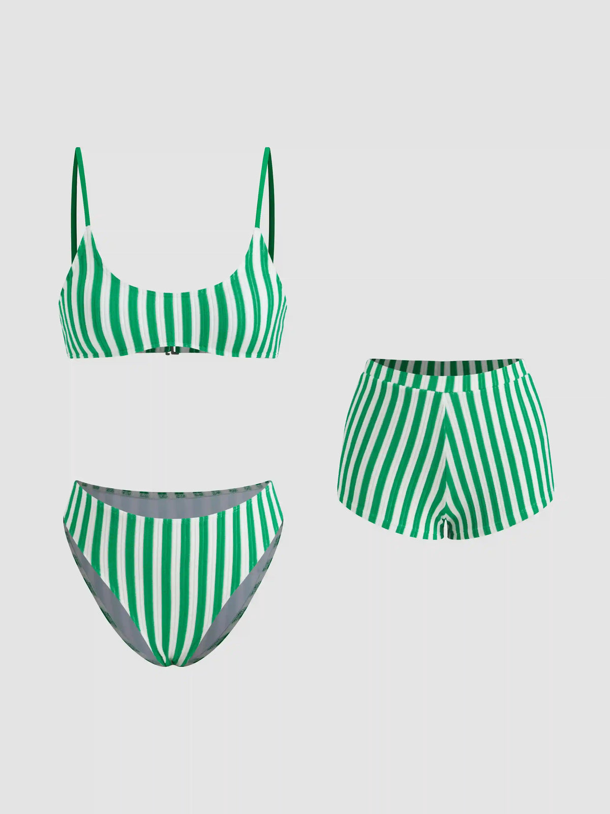 Terry U-neckline Stripe Bracelet Bikini Set & Cover Up Shorts