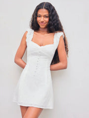 Broderie Anglaise Cotton-blend Off-shoulder Solid Button Mini Dress