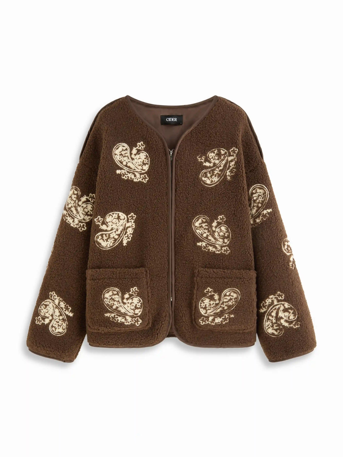 Fleece Round Neckline Paisley Embroidered Jacket