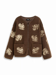 Fleece Round Neckline Paisley Embroidered Jacket