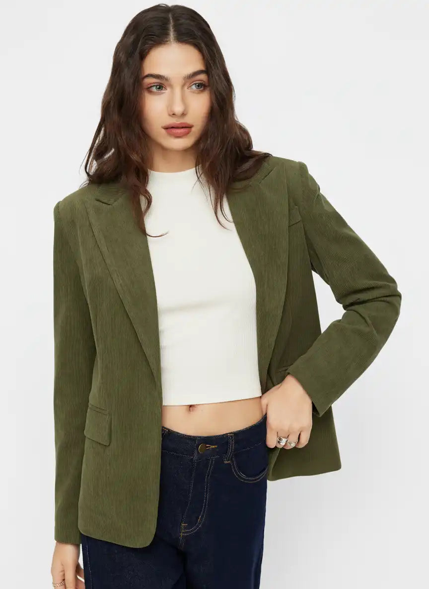 Corduroy Notched Collar Long Sleeve Blazer