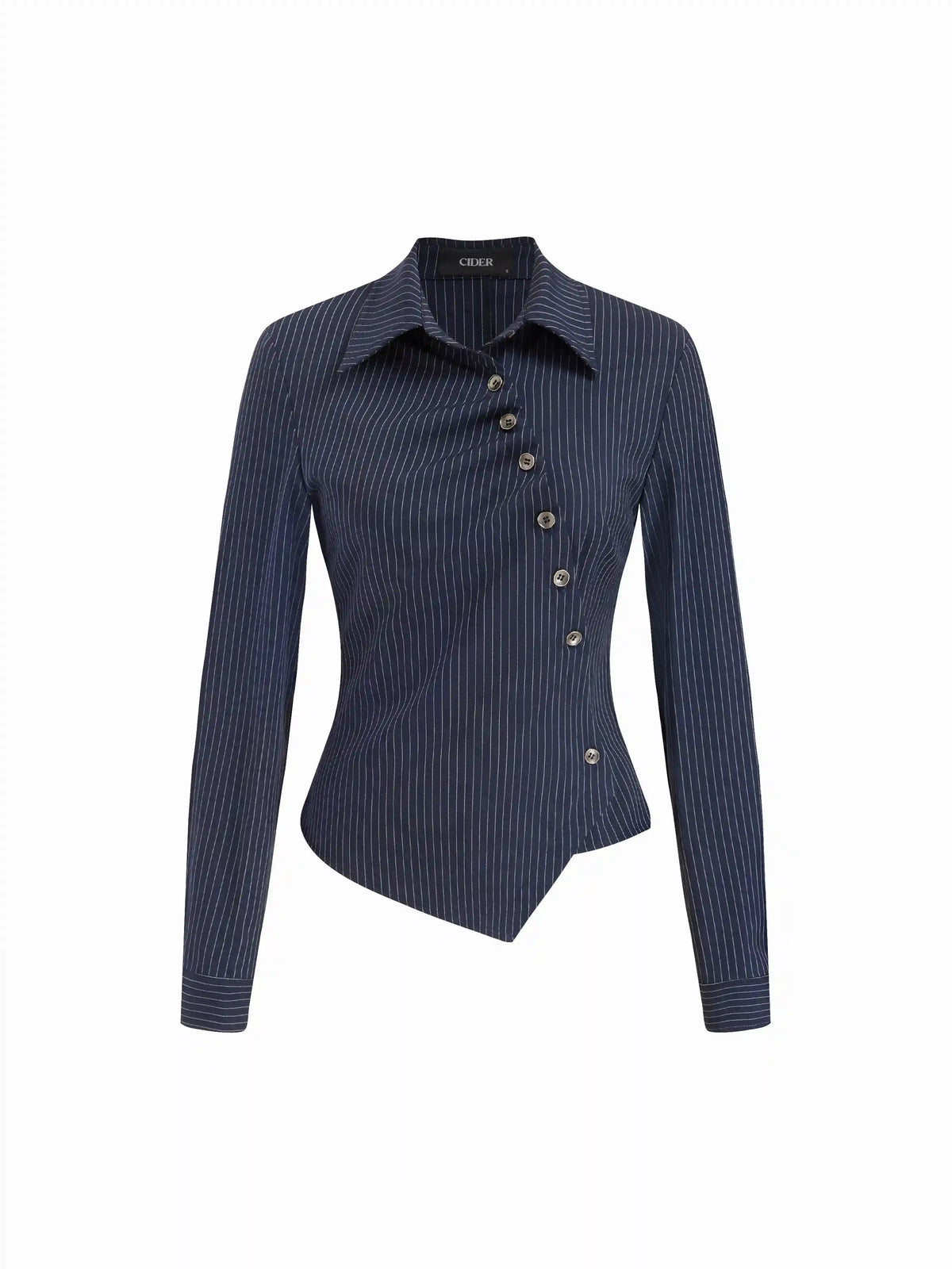 Cotton-blend Collar Check Asymmetrical Wrap Blouse