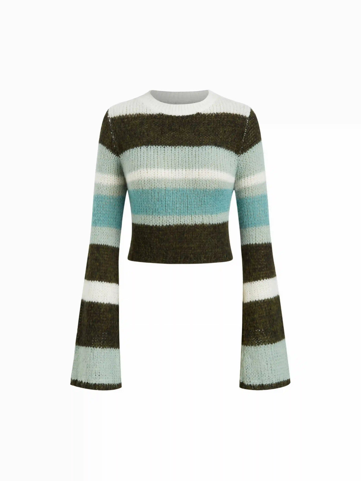 Knit Wool-blend Striped Round Neckline Bell Sleeve Crop Top