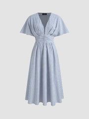 Cotton-blend V-neck Striped Ruched Button Maxi Dress