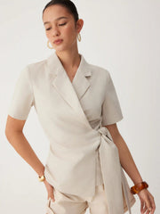 Linen-blend Ruched Wrap Belted Blazer