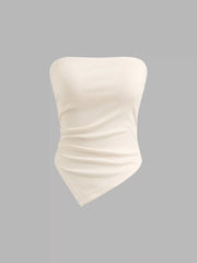 3pcs Solid Cardigan & Ruched Tube Top & Mid Rise Elastic Waist Wide Leg Trousers Set