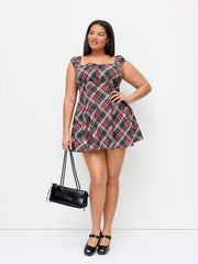Cotton Plaid Square Neck Puff Sleeve Mini Dress Curve & Plus