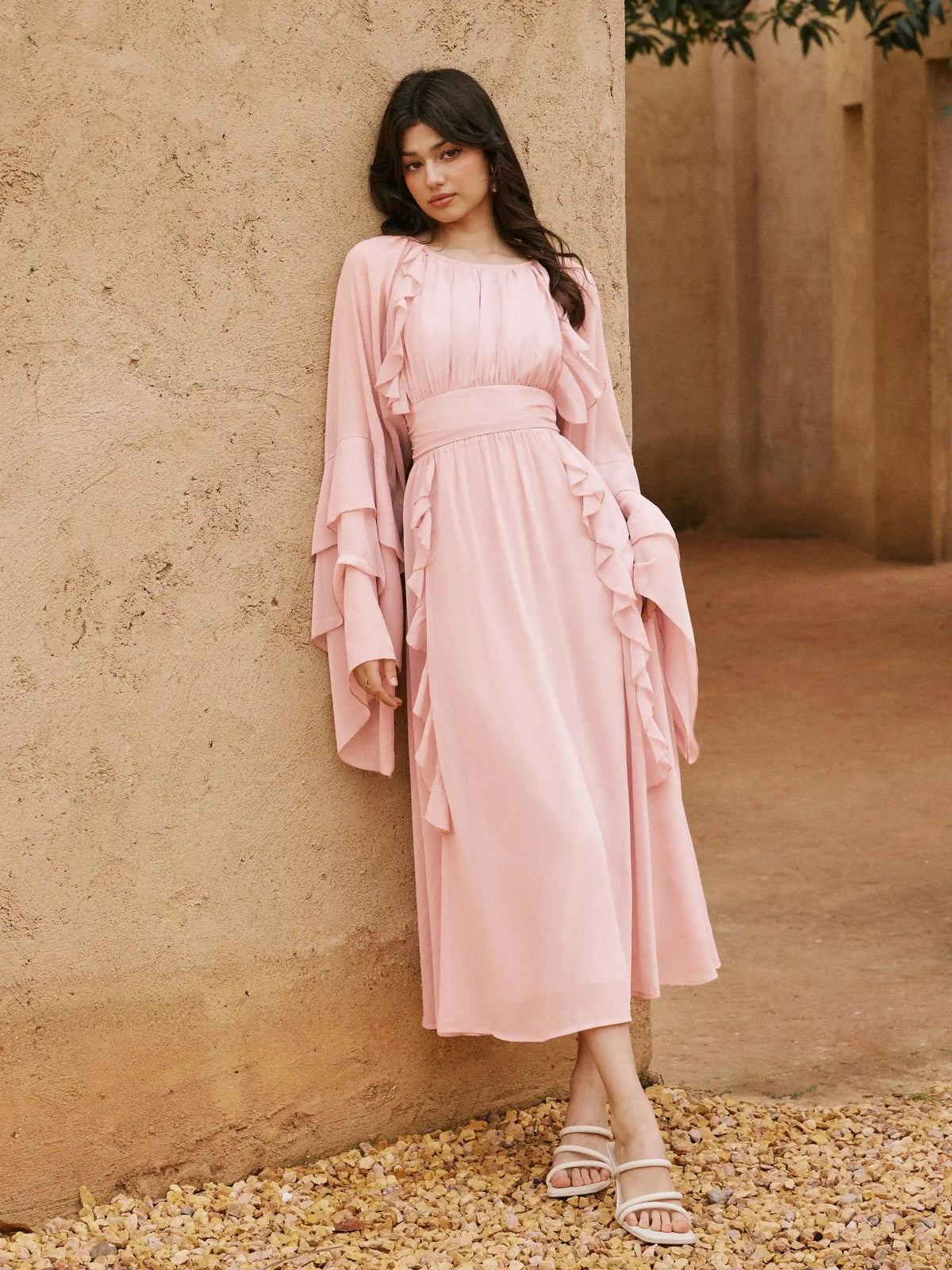 Chiffon Boat Neck Bell Sleeve Ruffled Flared Maxi Dress