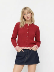 Knit Round Neck Cardigan With Gingham Trim
