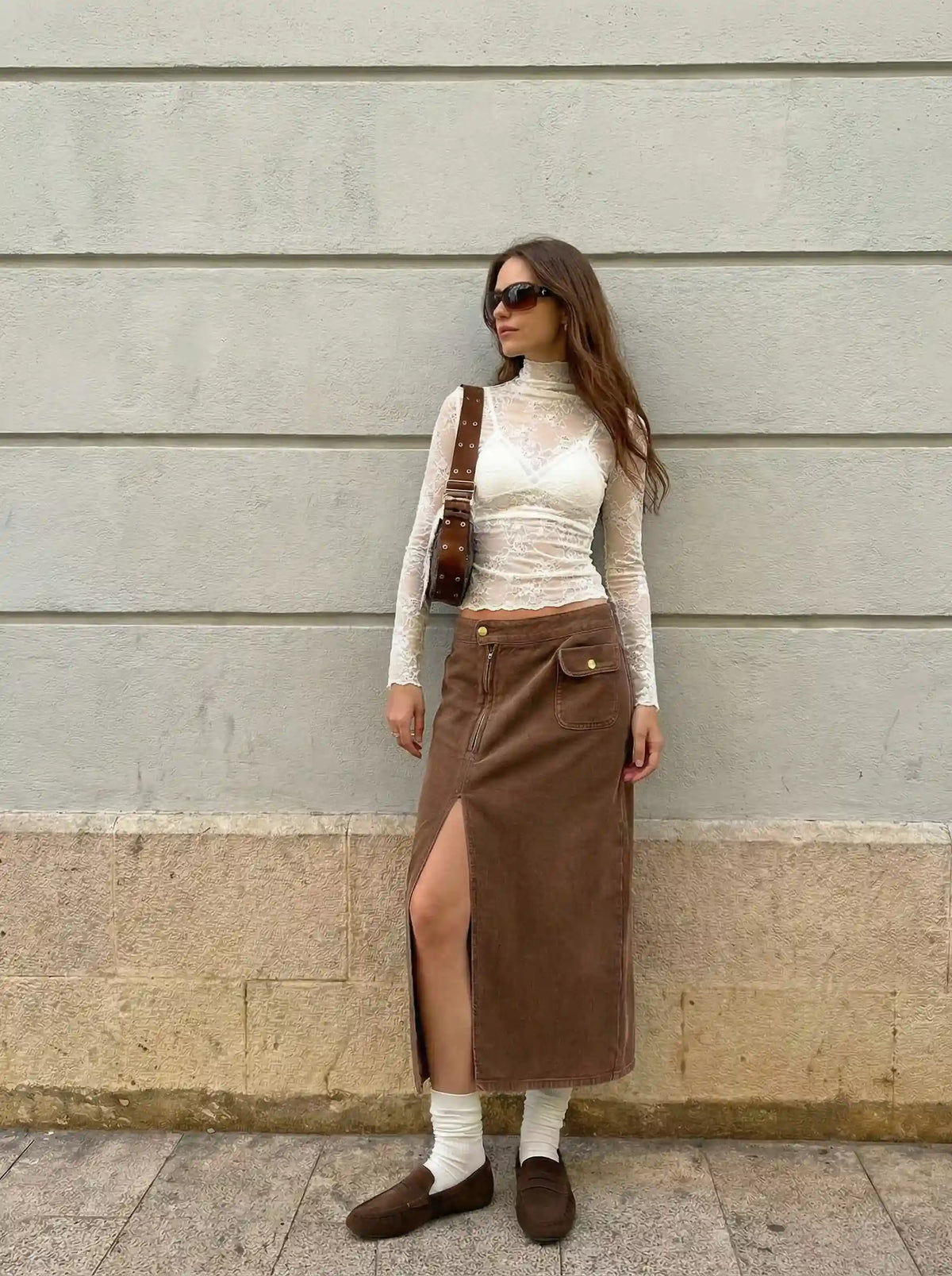 Washed Denim Low Rise Split Pencil Maxi Skirt