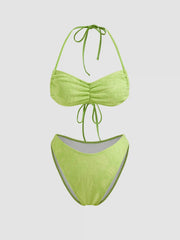 Halter Floral Texture Ruched Cheeky Bikini Swimsuit